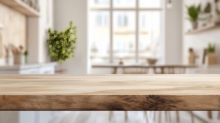 Poster - Wooden kitchen counter on blurred white home interior. Perfect for displaying or adding wooden elements to your dining background.
