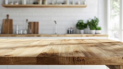 Poster - Wooden kitchen counter on blurred white home interior. Perfect for displaying or adding wooden elements to your dining background.