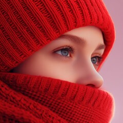 Wall Mural - young girl with blue eyes wearing a red knitted hat and scarf in winter