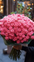 Wall Mural - Large bouquet of pink roses held by a person in an urban setting with soft light in the background