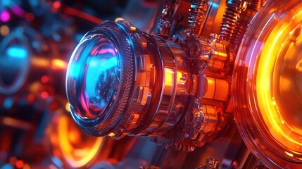 Poster - Futuristic Mechanical Lens System Glowing Orange And Blue