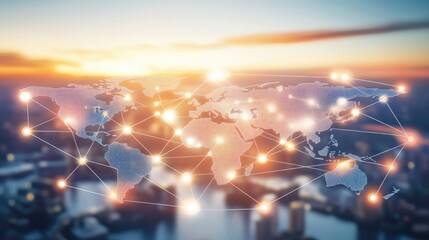 Poster - Global Network Connections Illuminating World Map