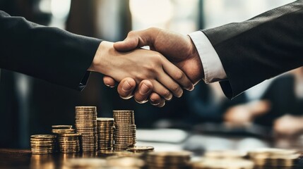 Poster - Businesspeople shaking hands over stacks of coins