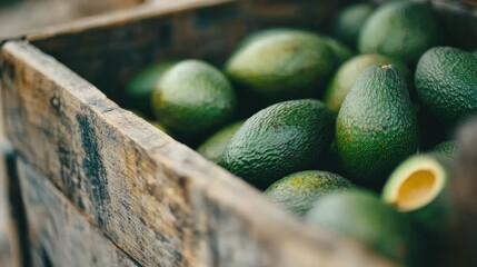 Wall Mural - Freshly harvested avocados in a rustic wooden crate at a market in the countryside during late afternoon