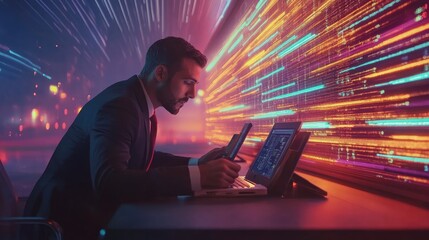 Poster - Businessman working late reviewing digital data streams