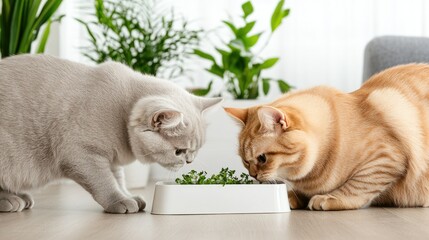 Wall Mural - A pair of cats delighting in fresh greens as they relax indoors, with vibrant houseplants decorating the background