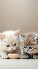 Wall Mural - In a warm and inviting indoor space, two adorable kittens with striking blue eyes happily share a meal from a tiny bowl