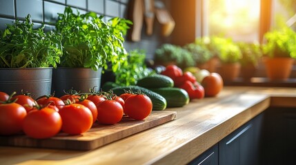 Wall Mural - Fresh fruits and vegetables on a kitchen countertop ready for preparation