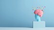 © Ameli Studio - blue sculpture head pink brain with confetti on pastel background showing creativity and intellect copyspace concept of healthcare marketing education