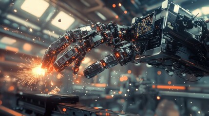 Poster - Futuristic Robotic Arm Welding Metal Sparks