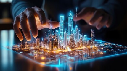 Poster - Hands Interacting With A Digital Cityscape Model