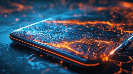 Poster - Shattered Smartphone Screen Glowing Orange And Blue