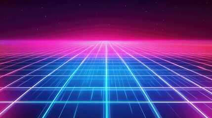 Poster - Retro Futuristic Grid Landscape Underneath a Starry Sky