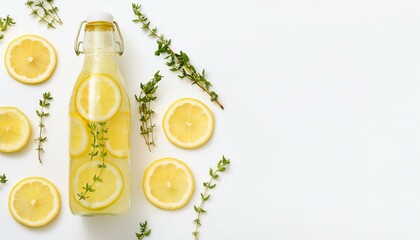 Wall Mural - Refreshing lemonade in a bottle with lemon slices and thyme sprigs.