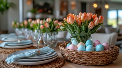 Wall Mural - Elegant spring table setting with tulips and decorated eggs for Easter celebration in a cozy venue