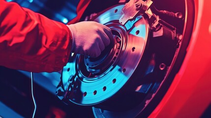 Poster - Mechanic repairing a car brake rotor system