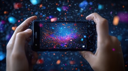 Poster - Hands holding smartphone displaying colorful galaxy image