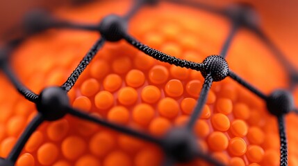 close up of an orange textured sphere with a black net