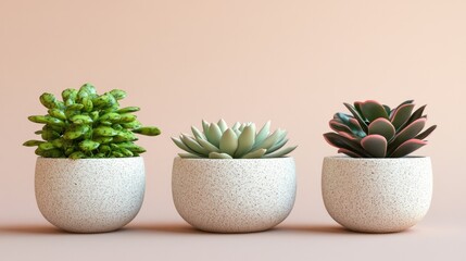 Poster - Three Succulents in White Pots Against a Pale Background