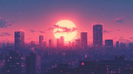Poster - Cityscape Sunset with Tall Buildings and a Large Sun