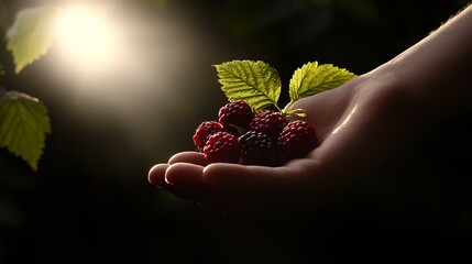 Wall Mural - Handful of Ripe Blackberries Held in Sunlight