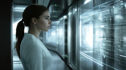 Poster - Woman Observing Futuristic Digital Interface Display
