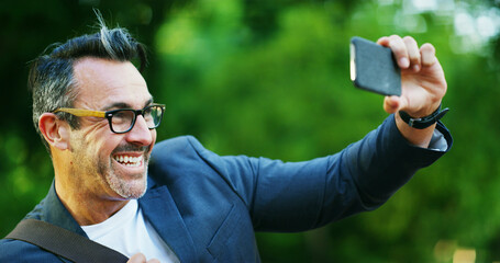 Poster - mature, happy man and selfie with picture in nature for photography, travel or outdoor memory. male 