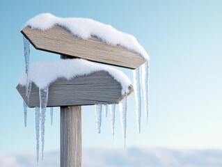 Wall Mural - wooden sign post with snow and icicles in a cold winter landscape