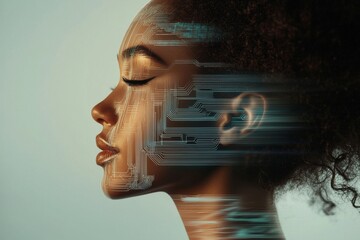 Poster - Stock creates an image of a businesswoman employing modern technology to store personal data in her head