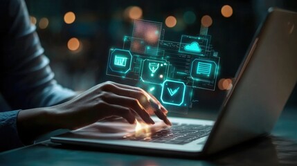 Poster - Person using laptop with digital interface showing data management