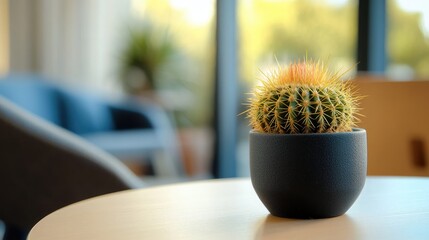 Poster - Small Cactus Plant In A Dark Pot On A Table