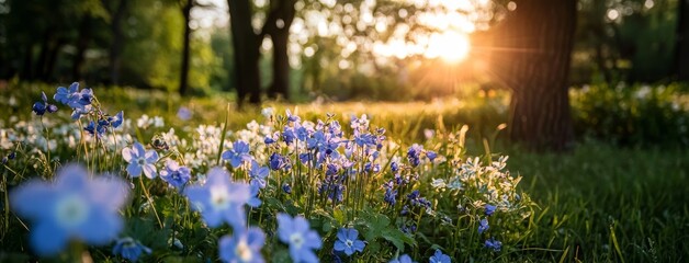 Wall Mural - A breathtaking display of delicate spring violet white flowers stretching across nature's vibrant outdoors, captured in an ultra wide banner format, a panoramic view