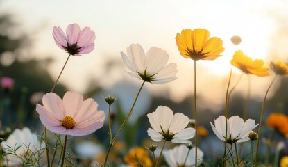 Wall Mural - Colorful flower meadow with sunbeams, a blue sky, and bokeh lights in summer - nature background banner with space for copy - summer greeting card, wildflowers, spring concept