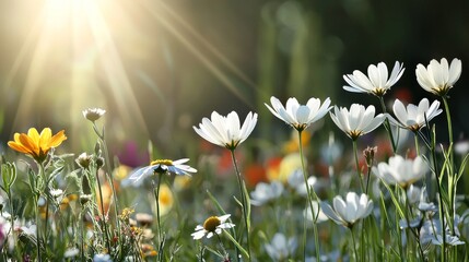 Wall Mural - Spring summer meadow filled with colorful wildflowers like daisies in a panoramic view against the blue sky, captured with soft selective focus