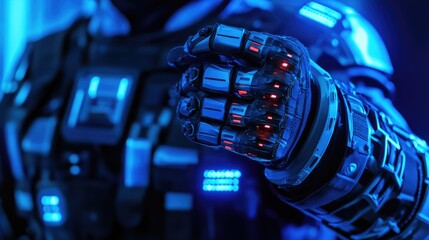 Poster - Futuristic Robotic Glove Points Forward In Blue Light