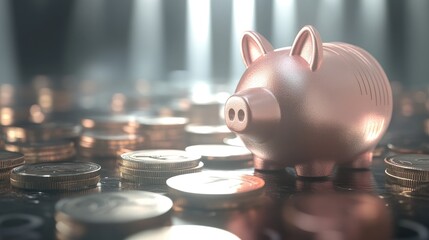 Poster - Rose Gold Piggy Bank Amidst Stacks Of Coins