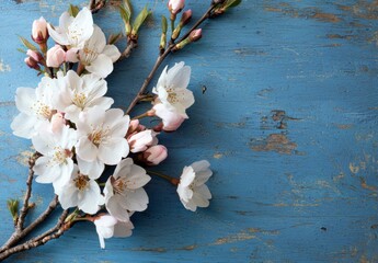 Wall Mural - Pretty spring cherry blossom branches on a turquoise blue background with space for your design