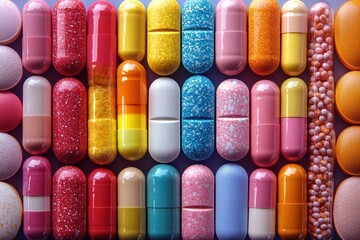 Wall Mural - Colorful capsules and tablets arranged artistically for health advertising ideas