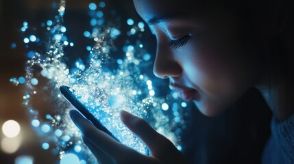 Poster - Young Woman Using Smartphone with Blue Light Effects