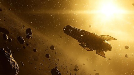 Poster - Golden Spaceship Navigating Asteroid Field Near Sun