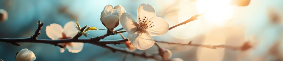 close-up of a flowering spring cherry tree with light bokeh