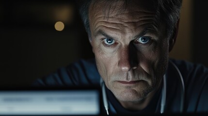 Poster - A Man Intensely Focuses on a Computer Screen at Night