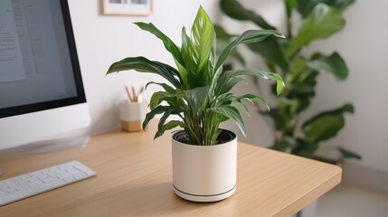 Poster - Peace Lily Plant in Modern White Pot on Desk