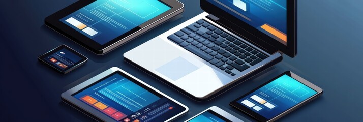 Poster - Website optimization with isometric layouts for devices including laptops and tablets