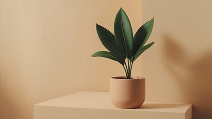 Poster - Green Plant in a Beige Pot on a Pale Surface