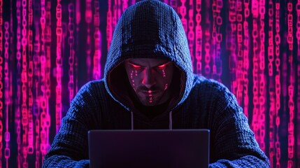 Poster - Mysterious Hacker with Hoodie Working on Laptop with Binary Code