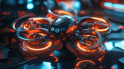 Poster - Futuristic Drone Design Glowing Orange and Blue Lights