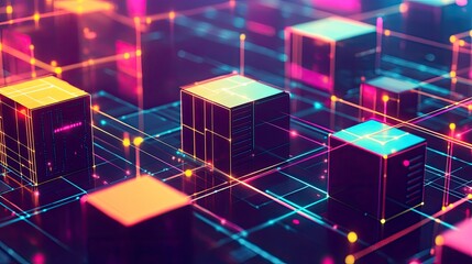 Poster - Neon Cubes Connected By Bright Lines Illustrating Network