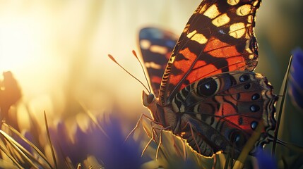 Poster - Golden Hour Butterfly Resting Among Spring Flowers