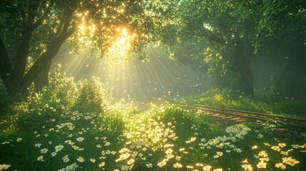 Wall Mural - Sunbeams through forest, daisies, railway, misty morning, idyllic nature scene